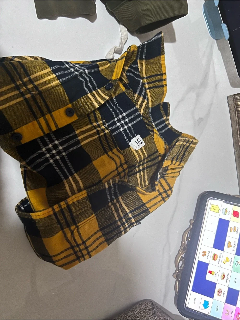 GAP Kids Yellow and Black Plaid Shirt Jacket with Navy Accents